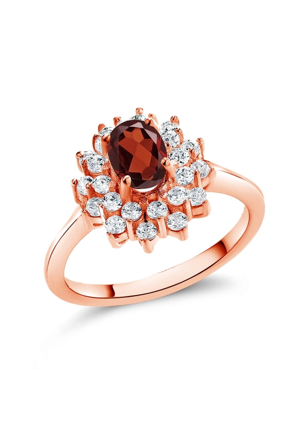 1.47 Ct Oval Red Garnet 18K Rose Gold Plated Silver Flower Ring (Size 7)