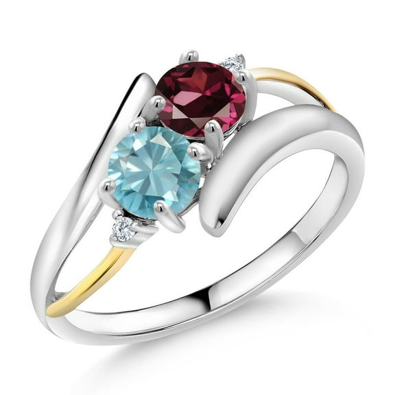 Gem Stone King 1.47 Ct Round Red Rhodolite Garnet Blue Zircon 925 Silver and 10K Yellow Gold Lab Grown Diamond Two Stone Crossover Ring (Size 8)