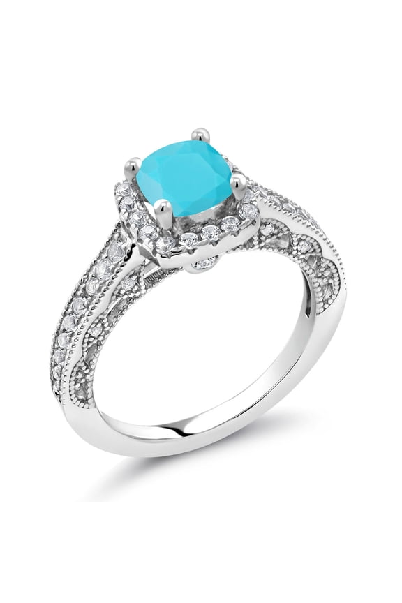 1.48 Ct Cushion Green Turquoise White Created Sapphire 925 Sterling Silver Ring