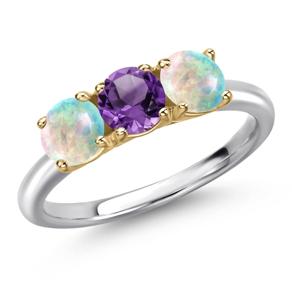 Gem Stone King 10K Two Tone Gold Purple Amethyst and Simulated White Opal Engagement Ring for Women | 1.48 Cttw | Round 5MM | Gemstone February Birthstone | Size 5