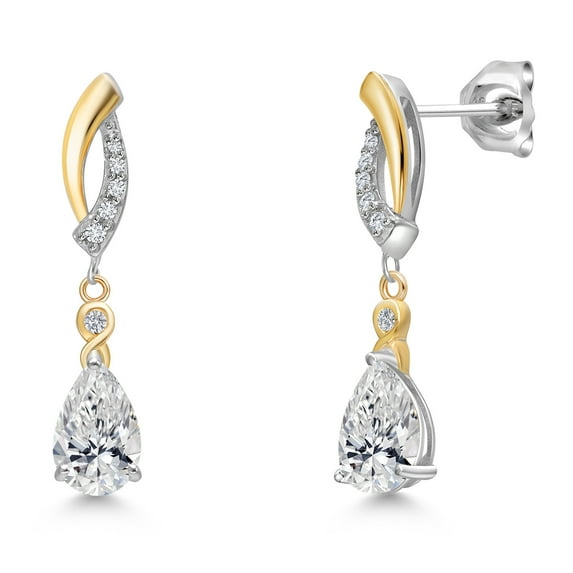 Gem Stone King 1.48 Cttw 925 Silver and 10K Yellow Gold Lab Grown Diamond Dangle Earrings for Women | Pear Shape 8X5MM | DEF Color | VVS-VS Clarity