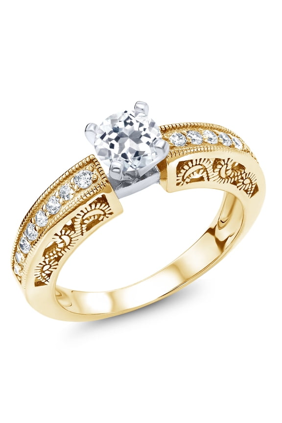 1.49 Ct Round White Topaz 18K Two-Tone Plated Sterling Silver Ring (Size 5)