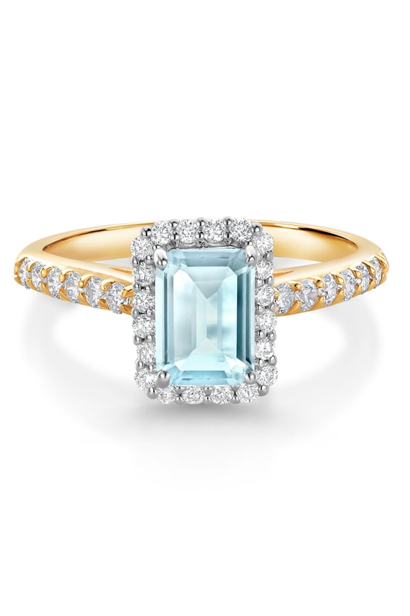 1.49 Ct Sky Blue Topaz G/H Lab Grown Diamond 10K Yellow and White Gold Halo Engagement Ring (Size 7)