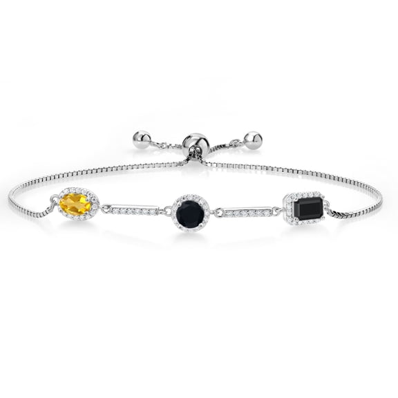 Gem Stone King 1.49 Cttw 6X4MM Oval Yellow Citrine 5MM Round Black Onyx and 6X4MM Emerald Cut Black Onyx Bracelet for Women | 925 Sterling Silver | Adjustable Bolo Bracelet for Women