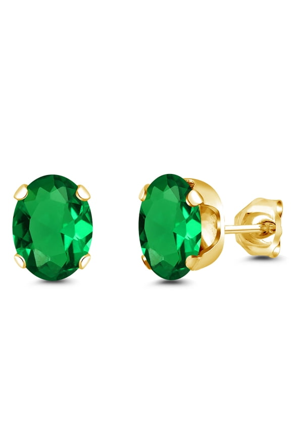 18K Yellow Gold Plated Silver Green Nano Emerald Stud Earrings for Women Men | 1.50 Cttw | Gemstone May Birthstone | Oval 8X6MM