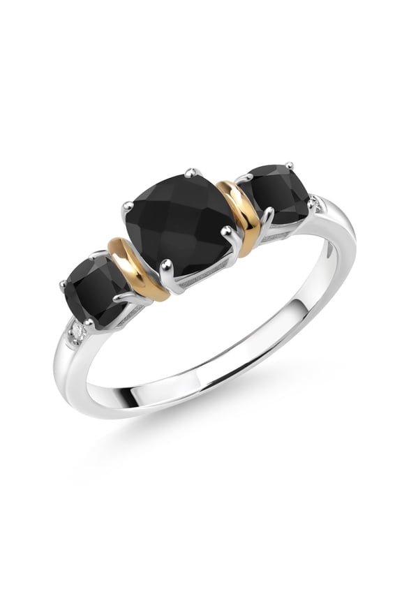 1.50 Cttw Cushion Checkerboard Black Onyx and Diamond 925 Silver and 10K Yellow Gold 3-Stone Ring for Women | 6MM and 4MM Cushion (Size 7)