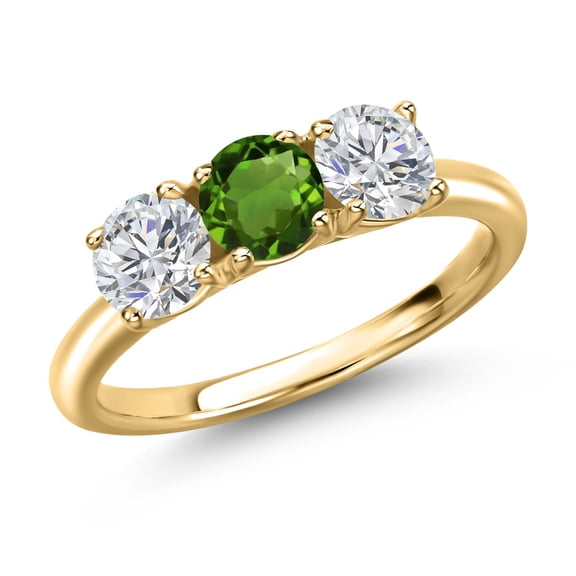 Gem Stone King 18K Yellow Gold Plated Silver Green Chrome Diopside and Lab Grown Diamond Engagement Ring for Women | 1.50 Cttw | Round 5MM | Gemstone Birthstone | Size 6