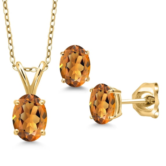 Gem Stone King 1.50 Ct Orange Red Madeira Citrine 18K Yellow Gold Plated Silver Pendant and Earrings Jewelry Set