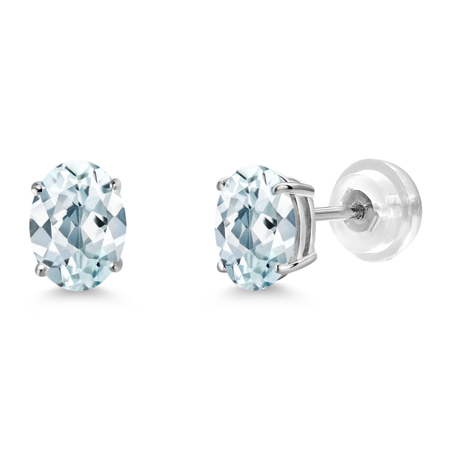 Gem Stone King 1.50 Ct Oval 7x5mm Sky Blue Aquamarine 14K White Gold Stud Earrings for Women Men