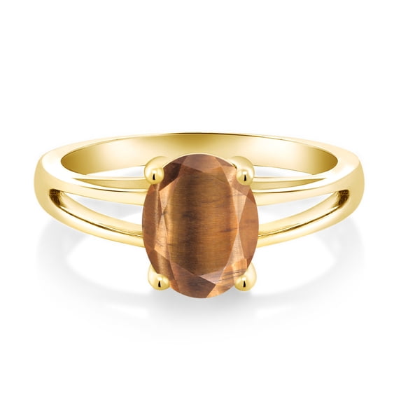 Gem Stone King 1.50 Ct Oval Brown Tiger Eye 18K Yellow Gold Plated Sterling Silver Ring
