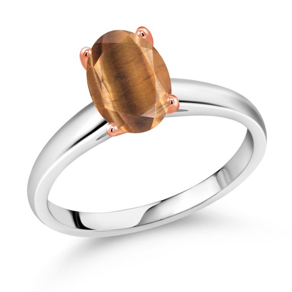 Gem Stone King 1.50 Ct Oval Brown Tiger Eye 925 Silver and 10K Rose Gold Ring Ring (Size 9)