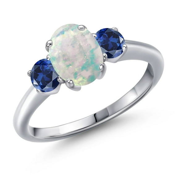 Gem Stone King 1.50 Ct Oval Cabochon White Simulated Opal Blue Created Sapphire 925 Sterling Silver Ring