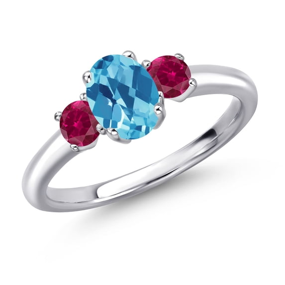 Gem Stone King 925 Sterling Silver Swiss Blue Topaz and Red Created Ruby Engagement Ring for Women | 1.50 Cttw | Oval Checkerboard 7X5MM | Gemstone November Birthstone | Size 8