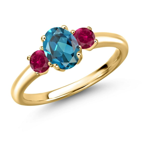 Gem Stone King 18K Yellow Gold Plated Silver London Blue Topaz and Red Created Ruby Engagement Ring for Women | 1.50 Cttw | Oval 7X5MM | Gemstone November Birthstone | Size 7