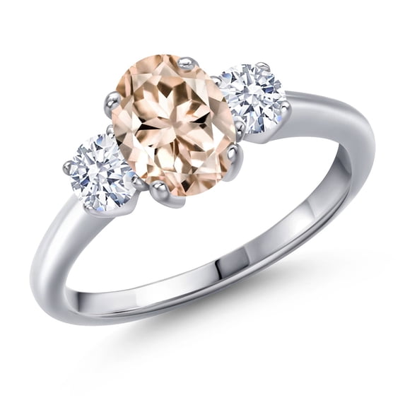 Gem Stone King 1.50 Cttw Peach Morganite 3-Stone Engagement Ring for Women | 925 Sterling Silver | Oval 8X6MM and Round 4MM | Three Stone Wedding Anniversary Promise Ring for Women