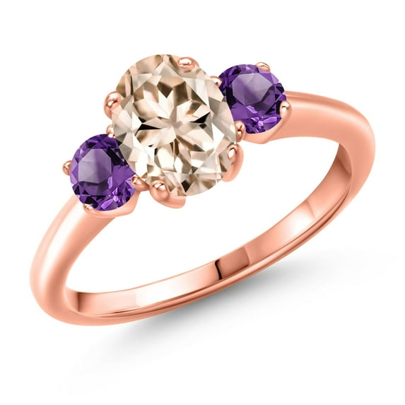 Gem Stone King 1.50 Ct Oval Peach Morganite Purple Amethyst 18K Rose Gold Plated Silver Ring