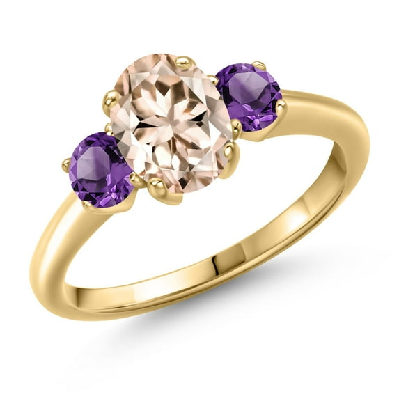 Gem Stone King 1.50 Ct Oval Peach Morganite Purple Amethyst 18K Yellow Gold Plated Silver Ring