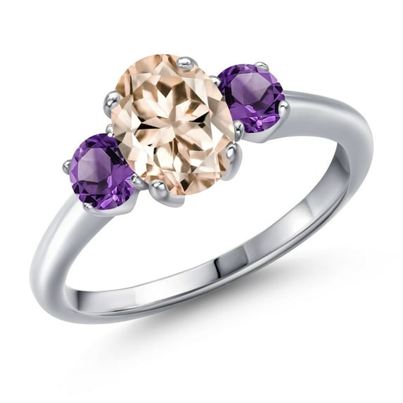 Gem Stone King 1.50 Ct Oval Peach Morganite Purple Amethyst 925 Sterling Silver Ring
