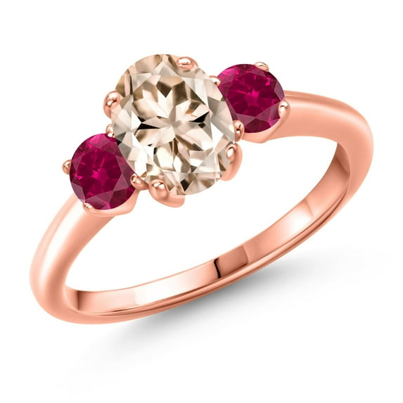 Gem Stone King 1.50 Ct Oval Peach Morganite Red Created Ruby 18K Rose Gold Plated Silver Ring