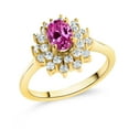 thumbnail image 1 of Gem Stone King 1.50 Ct Oval Pink Created Sapphire 18K Yellow Gold Plated Silver Flower Ring, 1 of 4