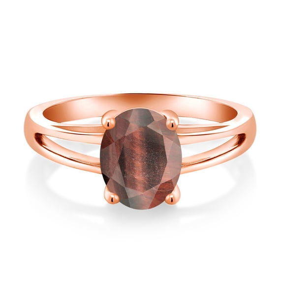Gem Stone King 1.50 Ct Oval Red Tiger Eye 18K Rose Gold Plated Silver Ring