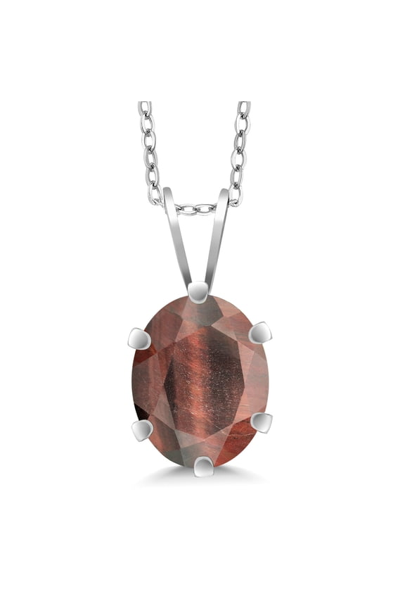 1.50 Ct Oval Red Tiger Eye 925 Sterling Silver Pendant with Chain