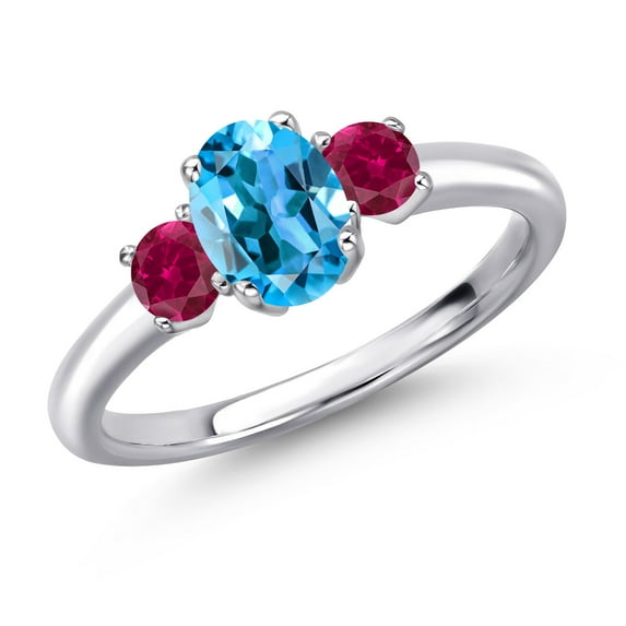 Gem Stone King 925 Sterling Silver Swiss Blue Topaz and Red Created Ruby Engagement Ring for Women | 1.50 Cttw | Oval 7X5MM | Gemstone November Birthstone | Size 5