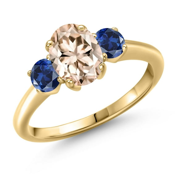 Gem Stone King 1.50 Ct Peach Morganite Blue Created Sapphire 18K Yellow Gold Plated Silver Ring