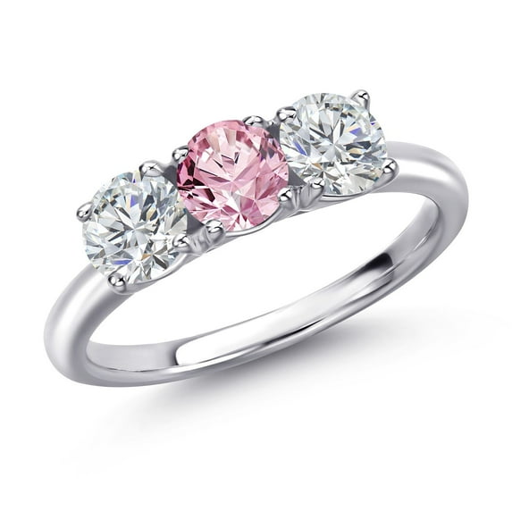 Gem Stone King 925 Sterling Silver Pink and White Lab Grown Diamond Engagement Ring for Women | 1.50 Cttw | Round 5MM | Gemstone April Birthstone | Size 9