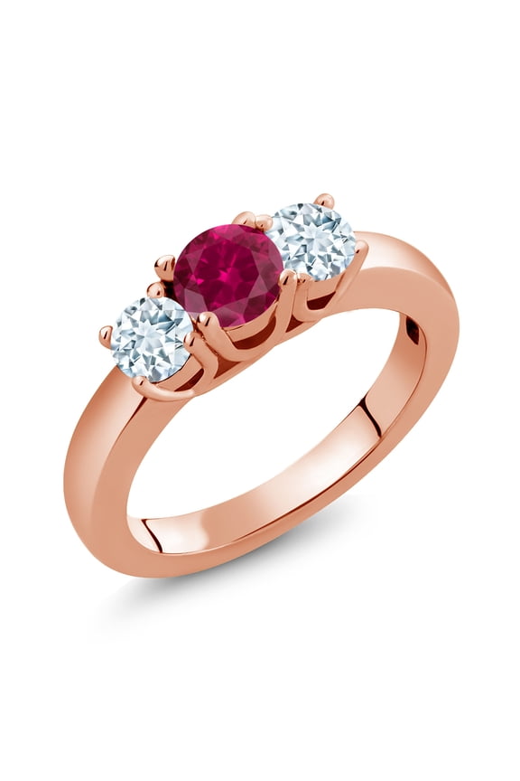 1.50 Ct Red Created Ruby Sky Blue Aquamarine 18K Rose Gold Plated Silver Classic 3-Stone Ring for Women (Size 9)
