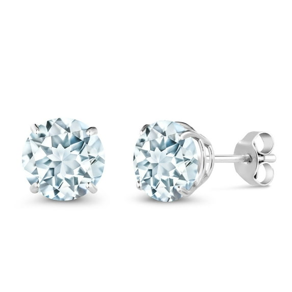 Gem Stone King 1.50 Cttw Sky Blue Aquamarine Stud Earrings for Women Men | 18K White Gold | Gemstone Birthstone | Round 6MM