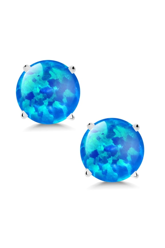 0.60 Ct Round Cabochon 6mm Blue Simulated Opal 14K White Gold Stud Earrings for Women Men