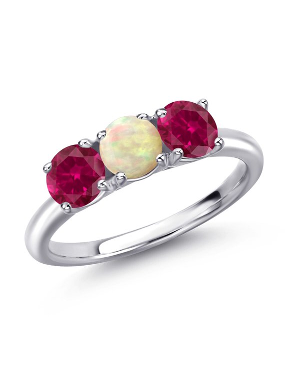 925 Sterling Silver White Ethiopian Opal and Red Created Ruby Engagement Ring for Women | 1.50 Cttw | Round Cabochon 5MM | Gemstone October Birthstone | Size 7