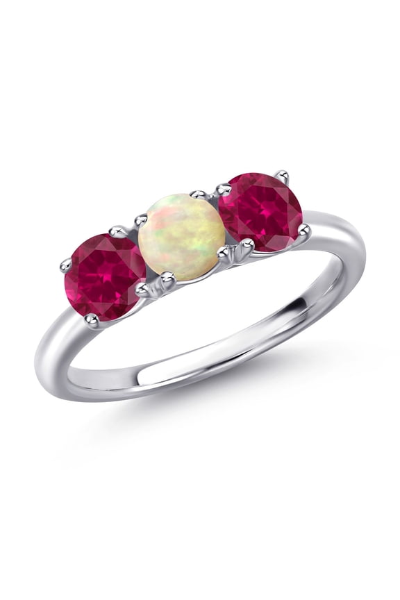 925 Sterling Silver White Ethiopian Opal and Red Created Ruby Engagement Ring for Women | 1.50 Cttw | Round Cabochon 5MM | Gemstone October Birthstone | Size 5