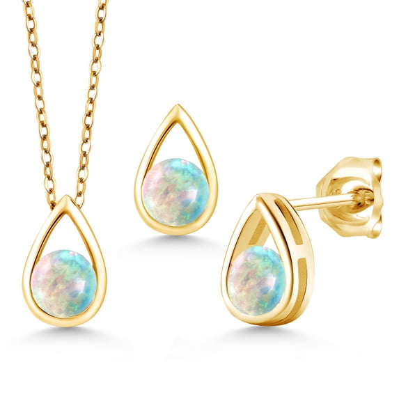 Gem Stone King 1.50 Ct Round Cabochon White Simulated Opal 18K Yellow Gold Plated Silver Teardrop Pendant and Earrings Jewelry Set With Chain