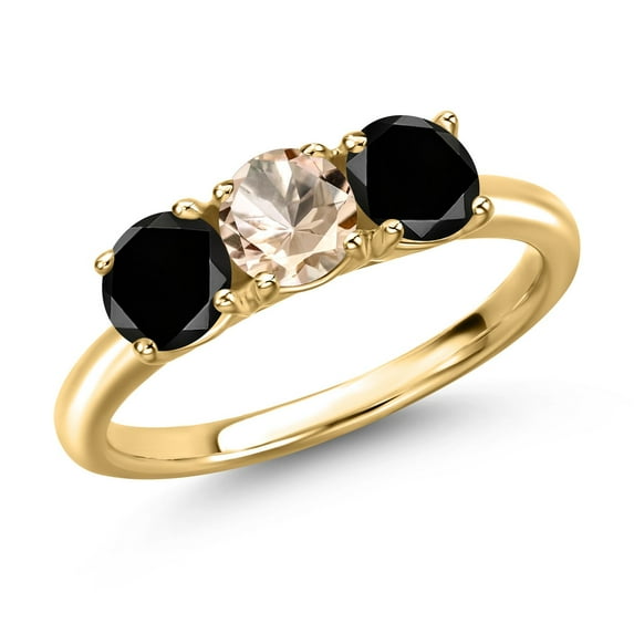 Gem Stone King 18K Yellow Gold Plated Silver Peach Morganite and Black Diamond Engagement Ring for Women | 1.50 Cttw | Round 5MM | Gemstone October Birthstone | Size 5