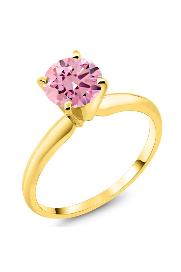 14K Yellow Gold Pink Zirconia Solitaire Engagement 4-Prong Ring for Women | 1.50 Cttw | Round 6MM | Gemstone Birthstone (Size 9)