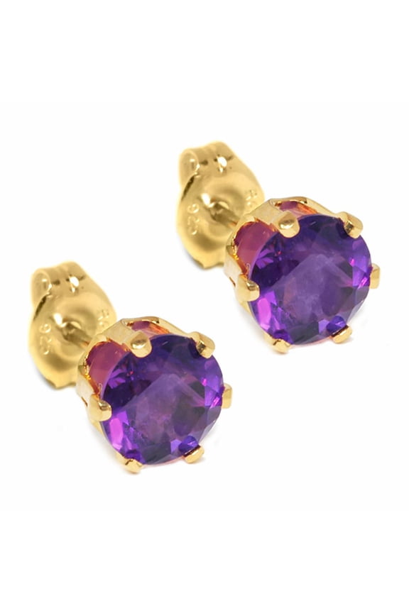 1.50 Cttw Round Purple Amethyst Yellow Gold Plated Stud Earrings for Women | Gemstone Birthstone | Round 6MM