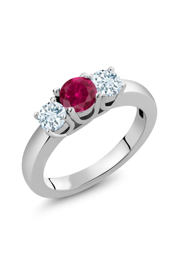 1.50 Cttw Round Red Created Ruby and Sky Blue Aquamarine 925 Sterling Silver 3-Stone Ring for Women | Gemstone Birthstone | Round 5MM and 4MM (Size 6)