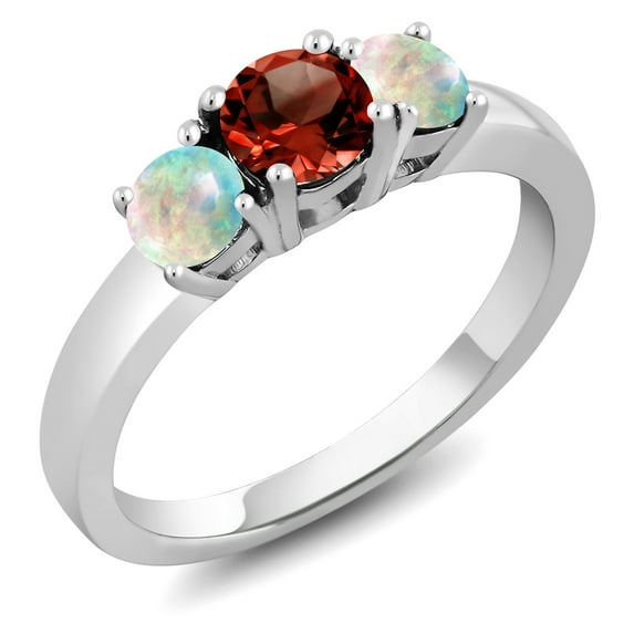 Gem Stone King 1.50 Ct Round Red Garnet White Simulated Opal 925 Sterling Silver Ring (Size 7)