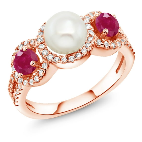 Gem Stone King 1.50 Ct Round Red Ruby 18K Rose Gold Plated Silver Cultured Freshwater Pearl Ring