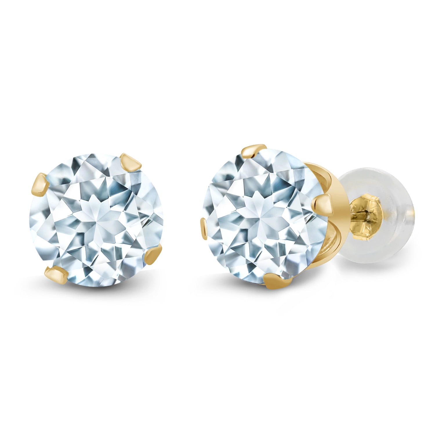 Gem Stone King 1.50 Ct Round Sky Blue Aquamarine 14K Yellow Gold 4-prong Stud Earrings for Women Men 6mm