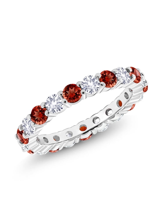 1.50 Cttw Red Garnet and White Created Sapphire Eternity Band Ring for Women | 925 Sterling Silver | Gemstone Birthstone | Wedding Engagement Anniversary Promise Ring for Women | Size 9