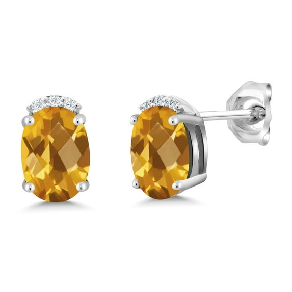 Gem Stone King 1.51 Ct Oval Checkerboard Yellow Citrine E-F Lab Grown Diamond 925 Silver Earrings