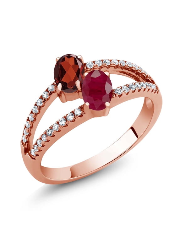 1.51 Ct Oval Red Garnet Red Ruby Two Stone 18K Rose Gold Plated Silver Ring (Size 9)