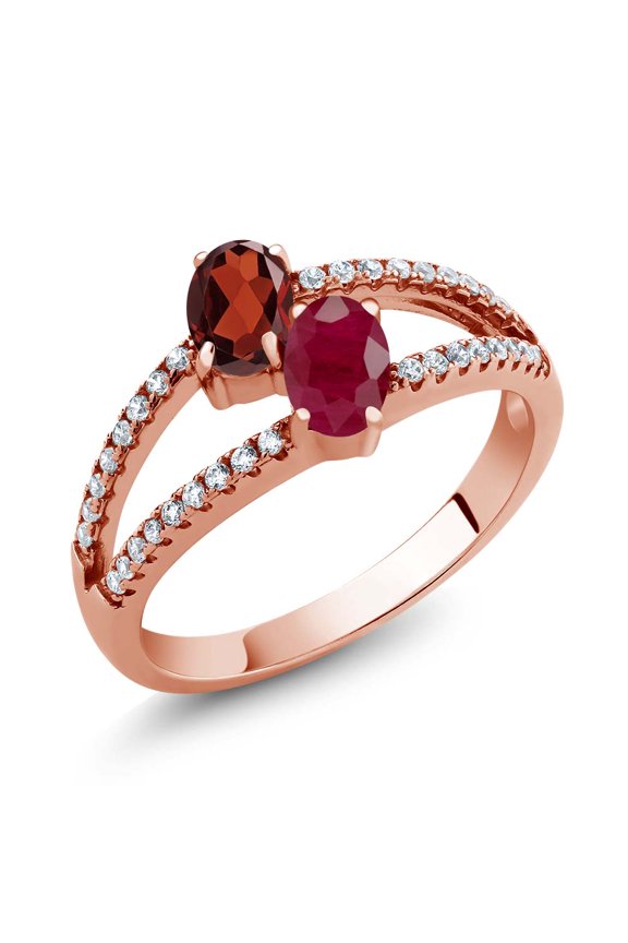 1.51 Ct Oval Red Garnet Red Ruby Two Stone 18K Rose Gold Plated Silver Ring (Size 9)