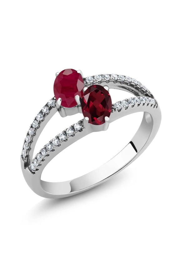 1.51 Ct Oval Red Ruby Red Rhodolite Garnet Two Stone 925 Sterling Silver Ring (Size 6)