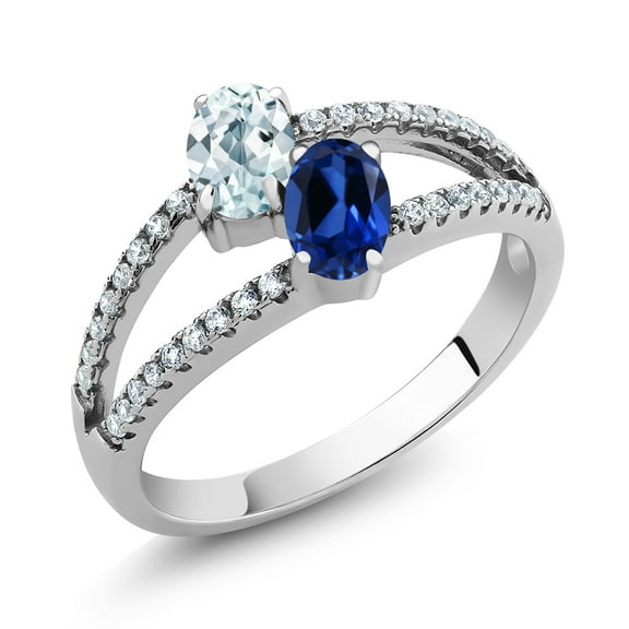 Gem Stone King 1.51 Ct Oval Sky Blue Aquamarine Blue Created Sapphire 925 Sterling Silver Ring (Size 5)
