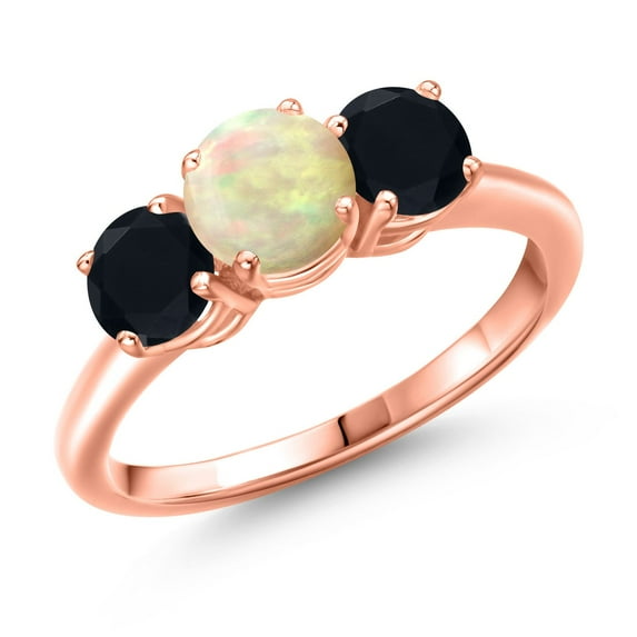 Gem Stone King 18K Rose Gold Plated Silver White Ethiopian Opal and Black Onyx Engagement Ring for Women | 1.51 Cttw | Round Cabochon 6MM | Gemstone October Birthstone | Size 5