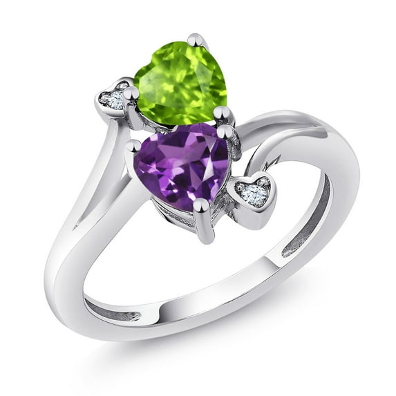 Gem Stone King 1.51 Cttw Green Peridot and Purple Amethyst Heart Ring for Women | 925 Silver | Heart Shape 6MM | Gemstone Birthstone | Wedding Engagement Anniversary Promise Ring for Women | Size 9